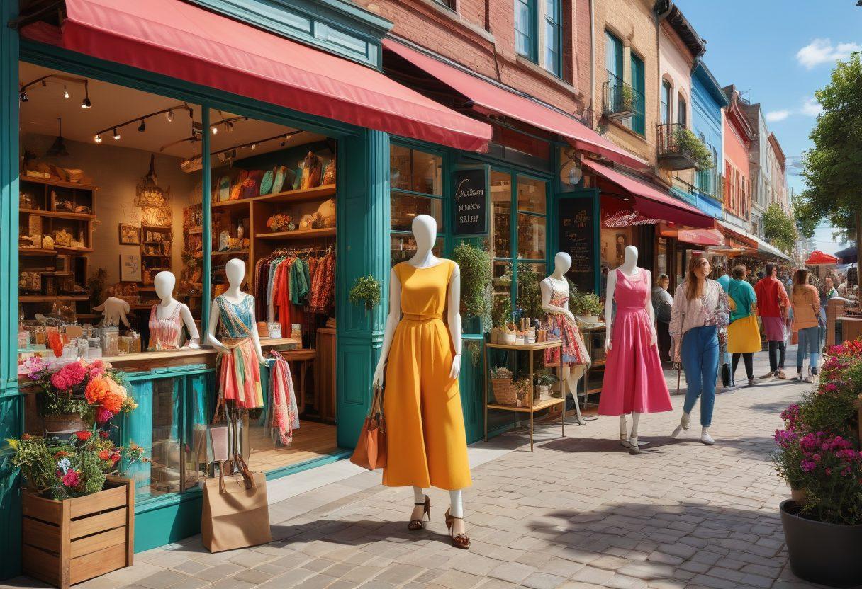 A vibrant marketplace scene bustling with people discovering stylish outfits and unique items at discounted prices. Include stylish mannequins with colorful clothing, shoppers carrying bags filled with treasures, and bright signage showcasing sales. In the background, a chic café offers a relaxed atmosphere, blending the thrill of bargain hunting with a touch of elegance. super-realistic. vibrant colors. appealing composition.