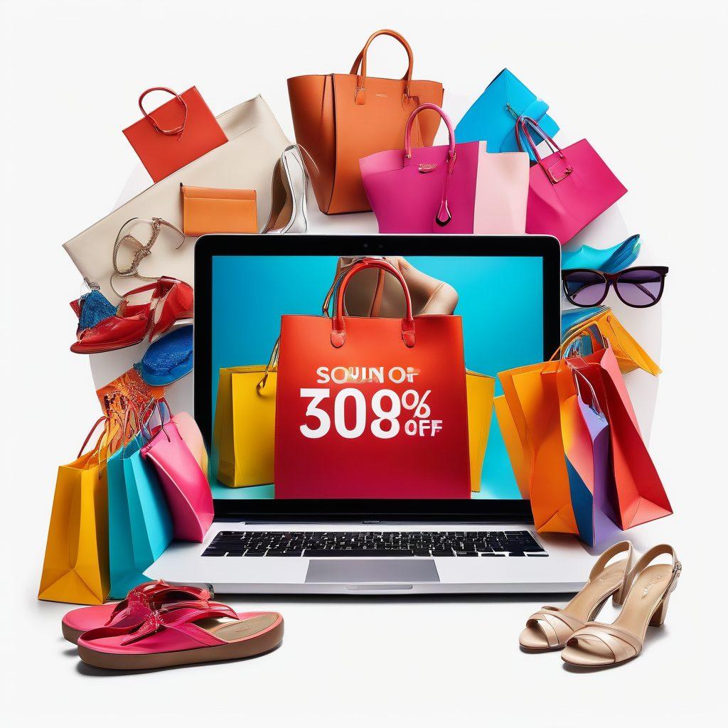 A vibrant and dynamic collage showcasing various fashion items like dresses, shoes, and accessories, with digital price tags displaying discounts. Include a globe and a laptop to symbolize online shopping, surrounded by colorful shopping bags and a bright, inviting atmosphere. Elements of technology and fashion blend harmoniously to reflect the world of online deals. super-realistic. vibrant colors. white background.